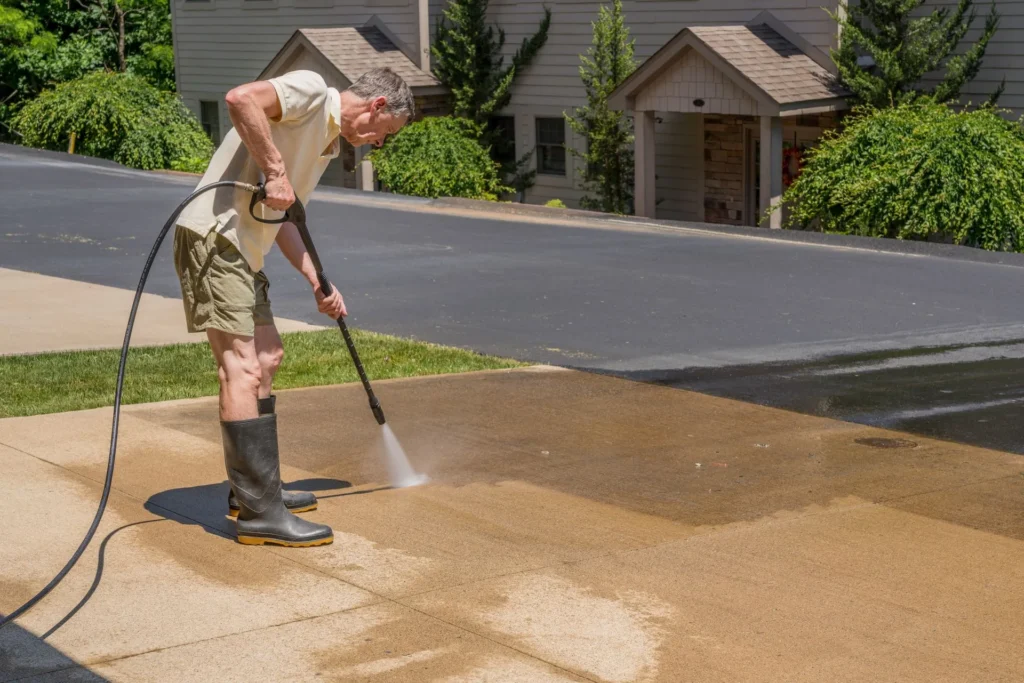 Man using a pressure washer to clean a concrete driveway
